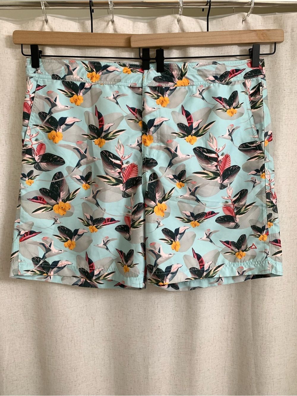 TABS Imported Portugal Men's Tropical Floral Swim Trunks Mint Blue Bird Bermudas